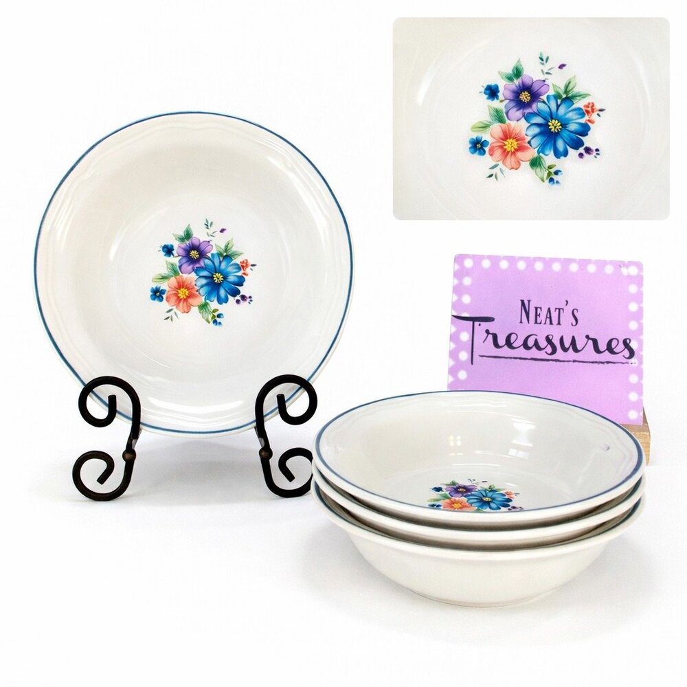 80's JMP Marketing PROVINCIAL BOUQUET Flowers Stoneware Fruit Dessert Bowl Set 4